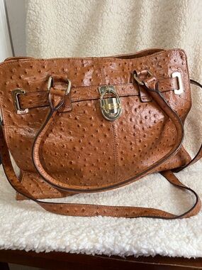 Calvin Klein Brown Ostrich-Embossed Satchel Crossbody with Gold Hardware